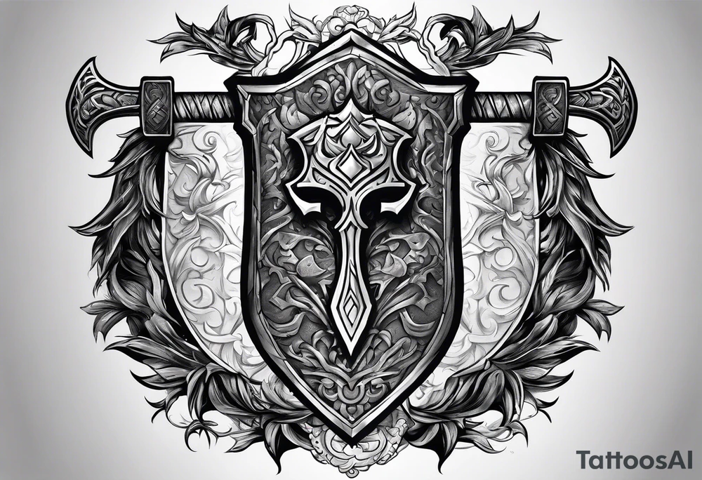 Valhalla sword shield axe mist tattoo idea
