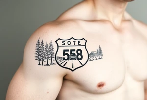 small State Route sign 558, with trees all around and a farm in background, road with a car scenic tattoo idea