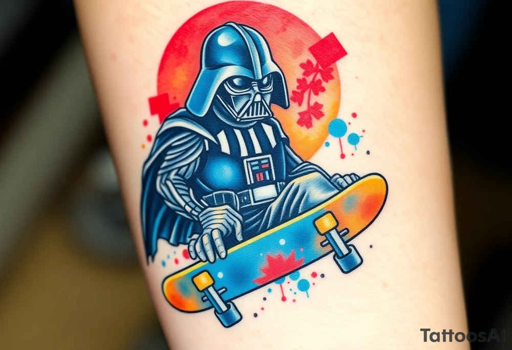 Darth Vader skateboarding >
blue. red. yellow.
skateboard words "Darth Carter"
add date 12/29/88-01/06/24 tattoo idea