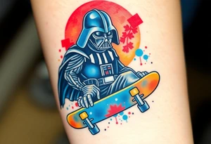 Darth Vader skateboarding >
blue. red. yellow.
skateboard words "Darth Carter"
add date 12/29/88-01/06/24 tattoo idea