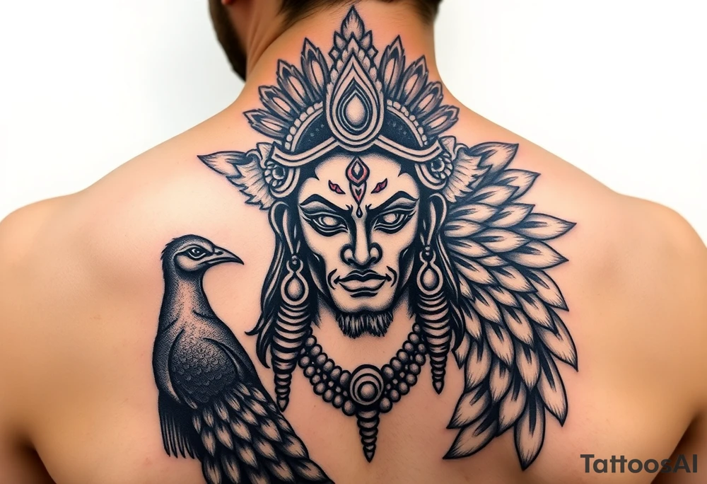 hindu god lord murugan tattoo with face and peacock surrounding it tattoo idea
