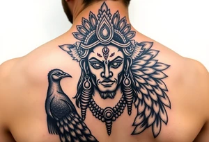 hindu god lord murugan tattoo with face and peacock surrounding it tattoo idea