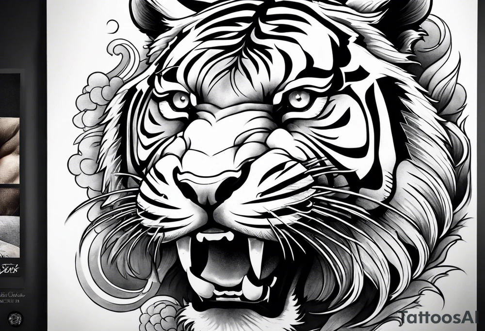 Asian Japanese Chinese style tiger with a full body not just head twisting body for a forearm half sleeve, clouds tattoo idea