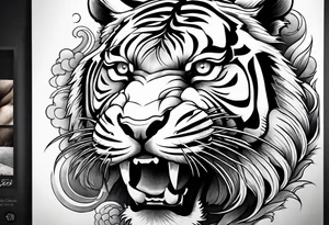 Asian Japanese Chinese style tiger with a full body not just head twisting body for a forearm half sleeve, clouds tattoo idea
