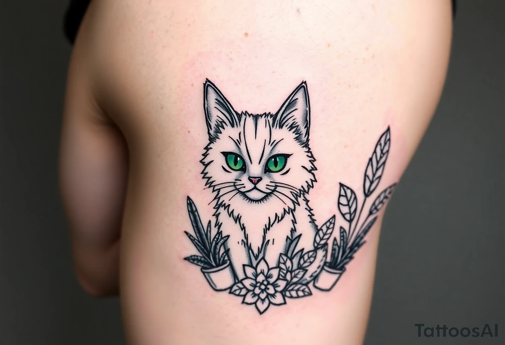 6x6 Minimalist cartoon style tattoo for back of thigh of along haired grey cat with green eyes surrounded by house plants tattoo idea