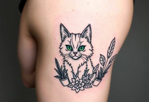 6x6 Minimalist cartoon style tattoo for back of thigh of along haired grey cat with green eyes surrounded by house plants tattoo idea