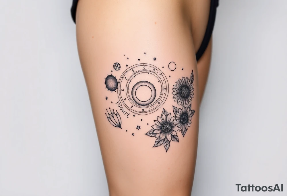 Milky way galaxy with planets with zodiac symbols and protection runes in it with tigerlillies roses and sunflowers tattoo idea