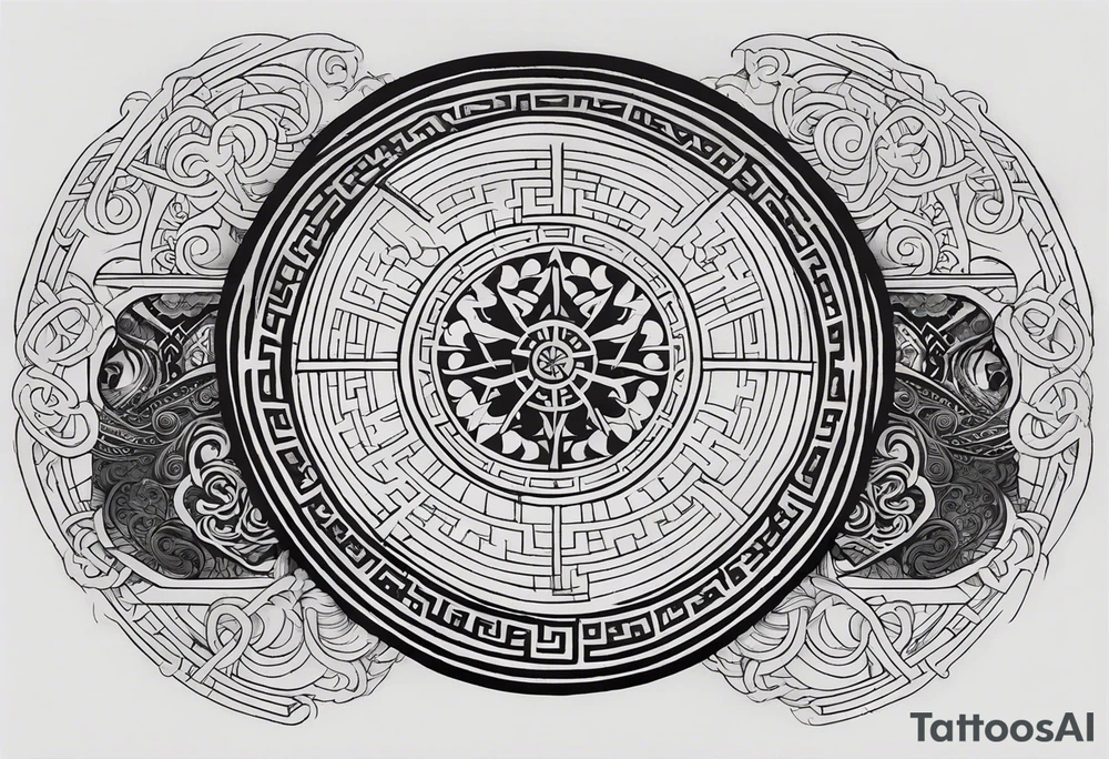 A half-and-half tattoo design, where one half features intricate geometric and mystical symbols inspired by Doctor Strange, with detailed line work or tribal patterns. The other half could integrate another element, such as a philosophical word from Asian languages, adding depth and personal meaning. The design balances mystical symbols with reflective, life-oriented themes tattoo idea