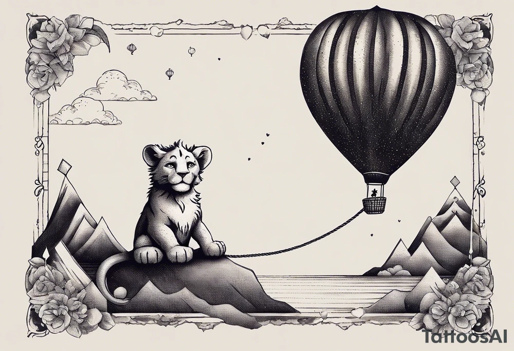 tatoo in sketch style only.
A little lion boy is holding a string to the hearth shaped small party baloon.
lion boy should be drawed from behind and has one hand reaching up in 45 degree angle and holding the baloon string
On the string is a wave which look like a hearbeat pulse.
draw it without any scenery, without any background. Just a boy 
Add heartbeat pulse on the string tattoo idea