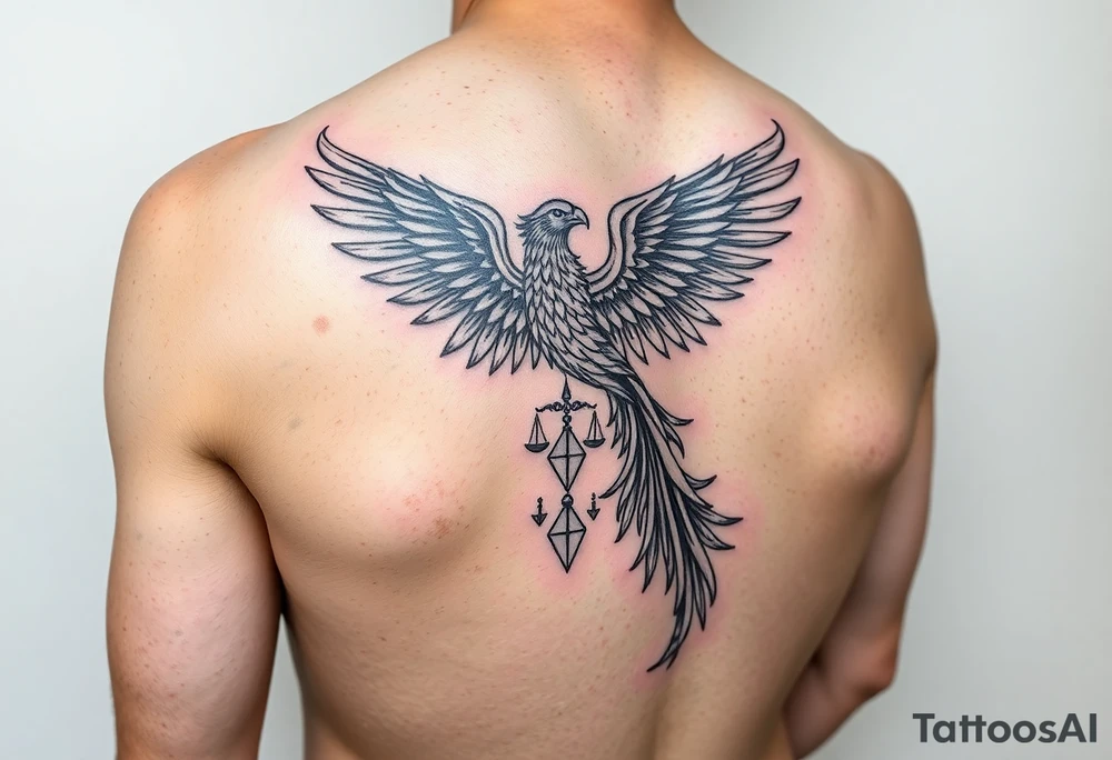 Side arm tattoo with the phoenix rising from the ashes linked with libra sign and based on discipline and the help of God.Geometric and abstract style tattoo idea