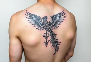 Side arm tattoo with the phoenix rising from the ashes linked with libra sign and based on discipline and the help of God.Geometric and abstract style tattoo idea