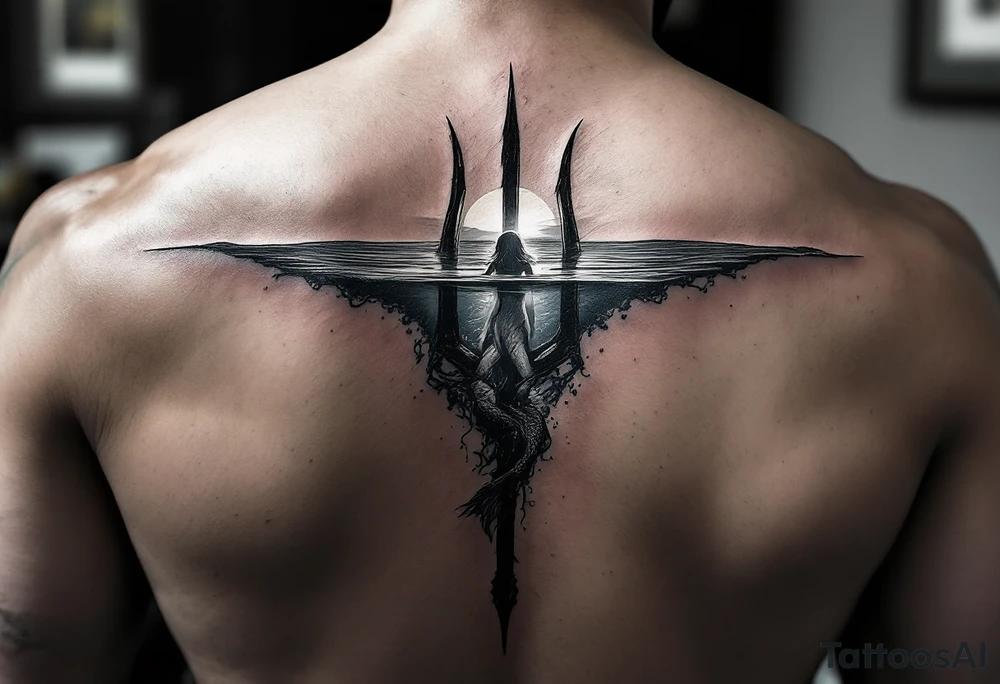 trident half way under calm water with sunset and mermaid tattoo idea