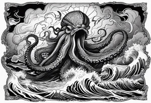 A kraken octopus monster underwater ensnaring the Greek god Poseidon as he thrust his trident into the beast. Turbulent storm with lightning & waves crashing tattoo idea