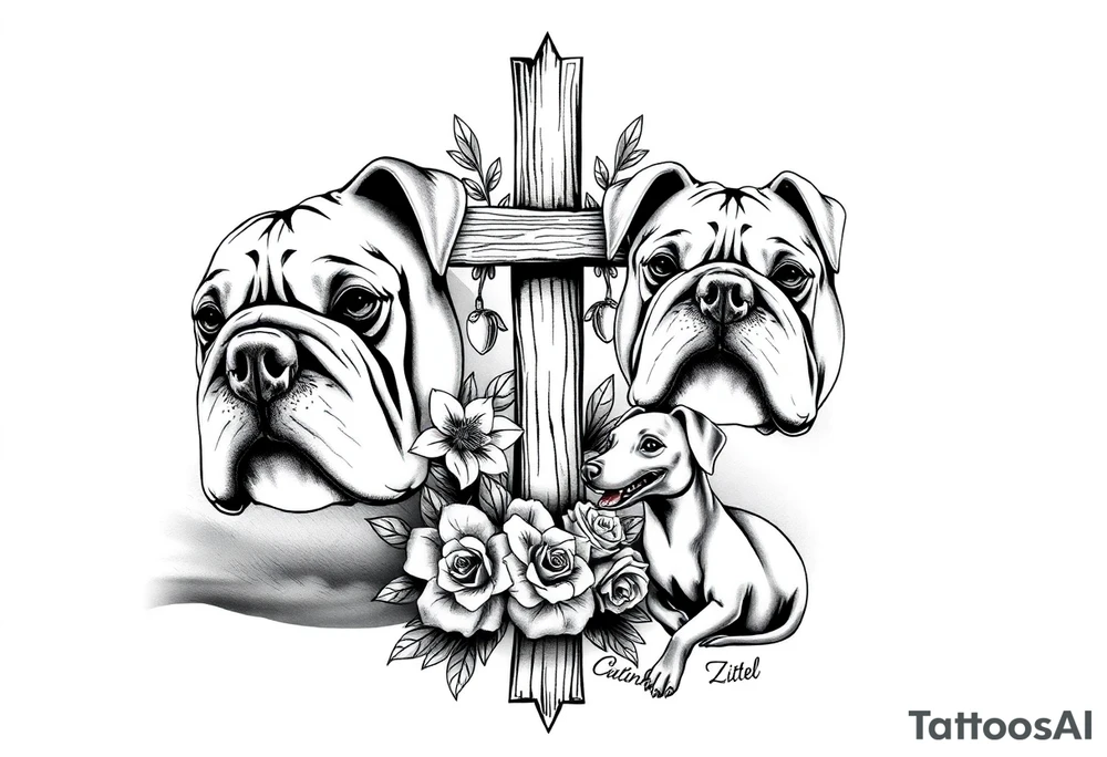 2 powerfull bulldogs with a Old wooden cross surrounded by lilies and roses, New York City, Drama, Music, a bulldog/dachshund mix, and a baby dinosaur, with a paw print tattoo idea