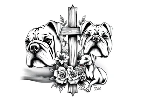 2 powerfull bulldogs with a Old wooden cross surrounded by lilies and roses, New York City, Drama, Music, a bulldog/dachshund mix, and a baby dinosaur, with a paw print tattoo idea