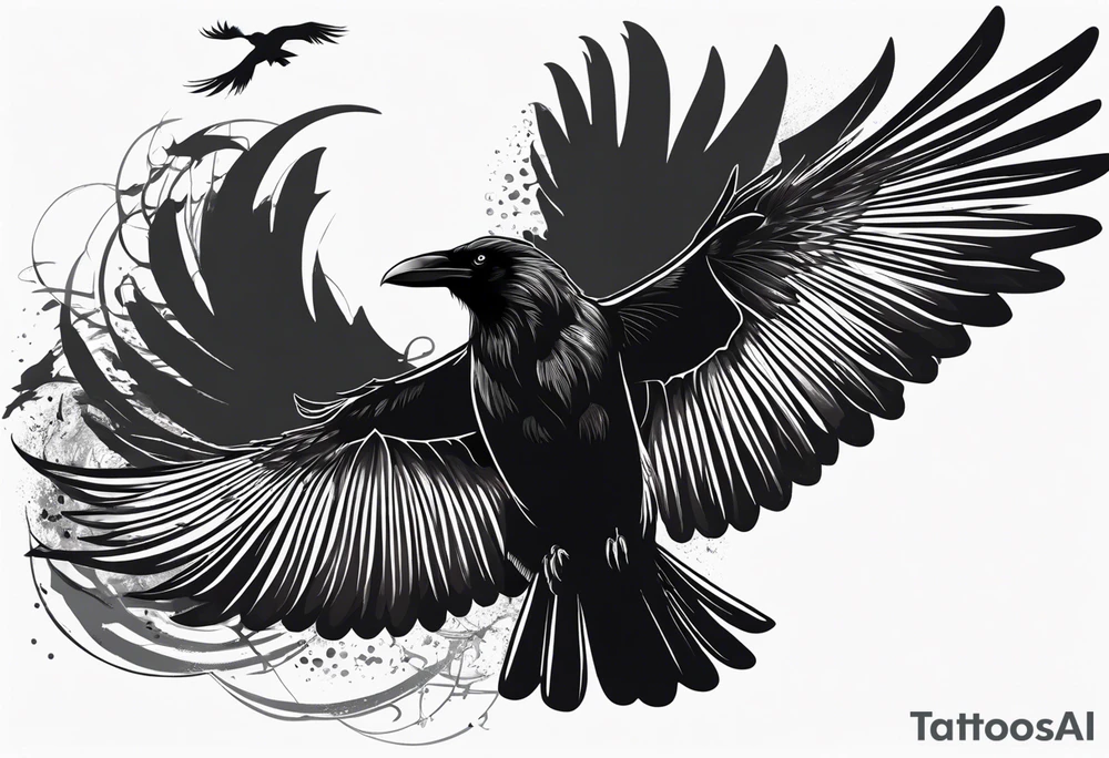 araffe flying in the air with its wings spread, detailed crow illustration, raven wings, huginn and muninn flying above, dark feathered wings, artistic drawing of a crow, black crows flying, raven bird, black wings instead of arms, raven angel wings, crow, dark crow, raven, crows as a symbol of death, raven black, raven monster tattoo idea