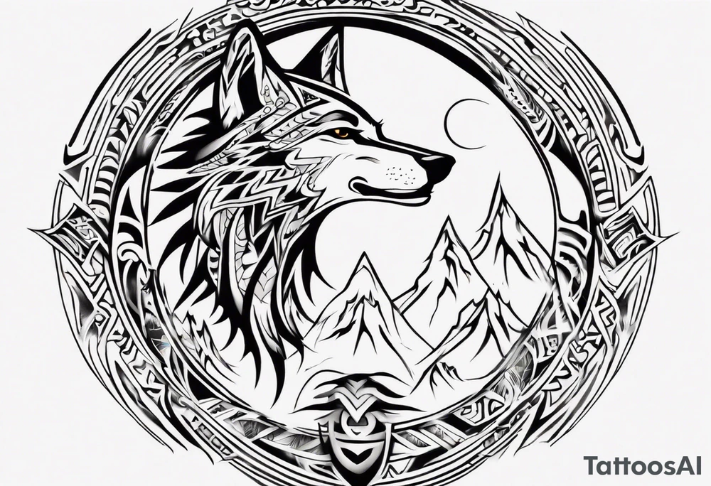 want a half sleeve on my left forearm featuring a howling wolf, surrounded by Māori patterns and Norse symbols, with a tribute to my nana, Joy tattoo idea