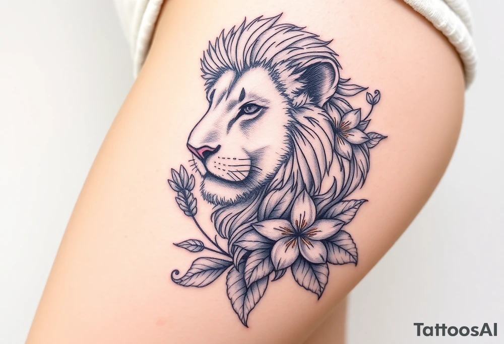 Lion with larkspur and water lilies tattoo idea