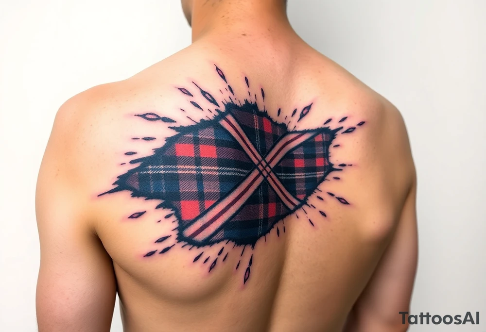 Scotland the brave tartan on left shoulder with skin peeling back to reveal tartan underneath tattoo idea