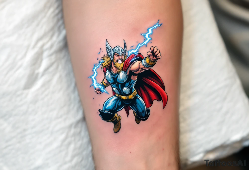 A comic book-style Thor mid-flight, striking lightning down with Mjölnir, in reds, blues, and silvers with dynamic shading. tattoo idea