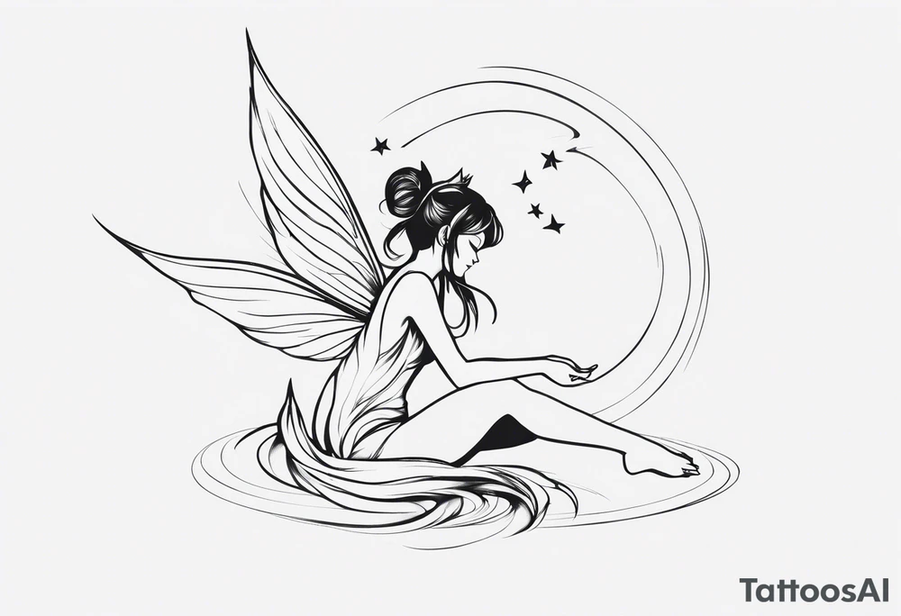 Minimalistic, monochromatic fairy with a tail flying to the left in a fetal position, leaning and looking in the same direction, with visible hands, embodying the 'Fairy Tail' logo aesthetic. tattoo idea