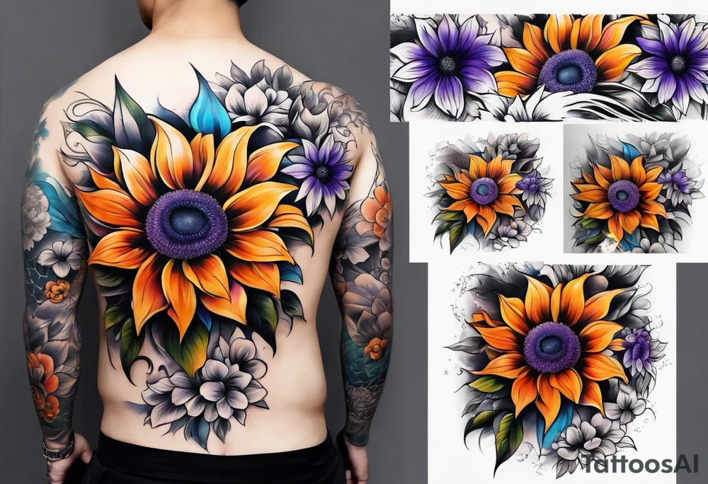 Full leg sleeve with purple, orange and blue sunflowers tattoo idea