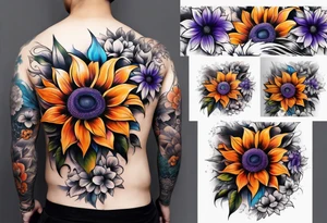 Full leg sleeve with purple, orange and blue sunflowers tattoo idea