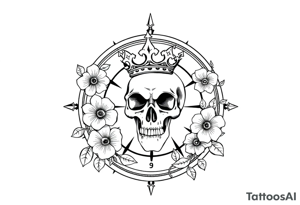 Compass with detailed beautiful gothic boho flowers on vine and skull with gorgeous crown tattoo idea