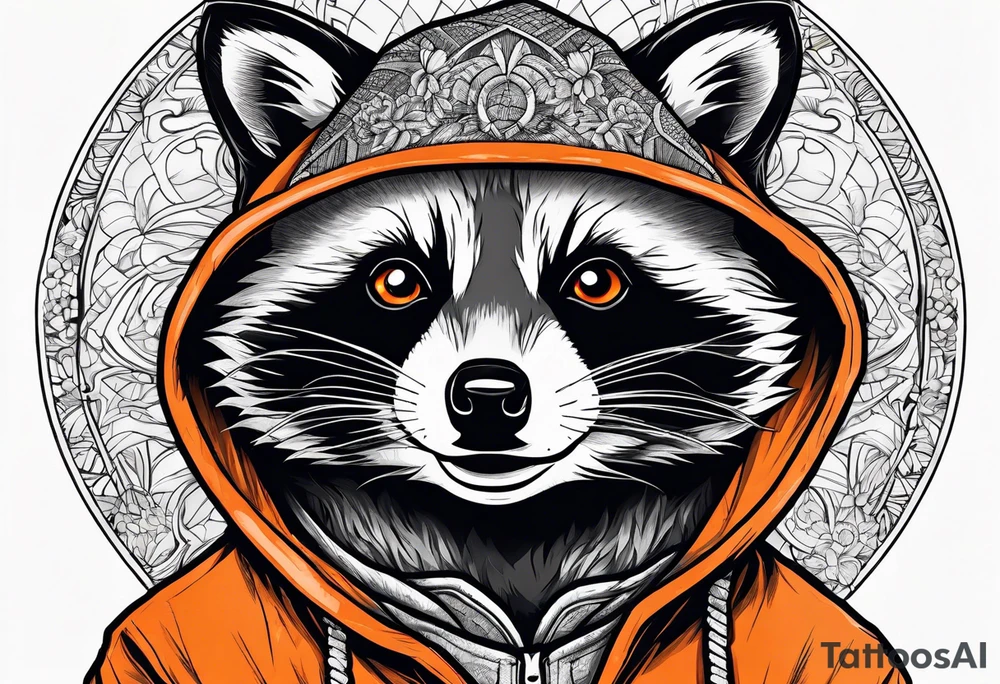 Raccoon wearing an orange Superman hoodie tattoo idea