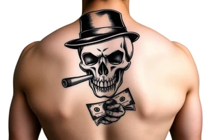 skull with cigar in his mouth,a mustache,a top-hat and money in a hand. tattoo idea