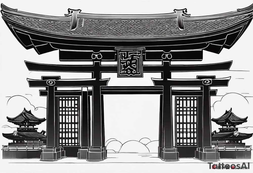 glimpse of torii gate in biomechanical style. 15% of size, placed in bottom 

Above the gate is a bust of Dominant demonic and formidable face with royal king features, has a slight evil grin and a devil fang teeth, similar to skull features, framed by deep-set glowing galaxy eyes, head has crown of prominent purple deep blue flames (Not standalone horns) with intricate recognizable swirling galaxy and peacock feather textures.

face has intricate swirling biomechanical tattoo texture. prominent colours are blue, violet, deep purple, with orange highlights.

face has braids hanging with feathers at end. face is 85% of size and is above gate tattoo idea