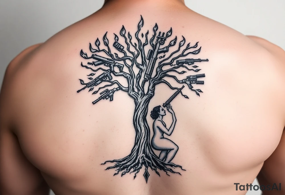 burning tree of life with firearms scattered and nude woman tattoo idea