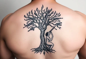 burning tree of life with firearms scattered and nude woman tattoo idea