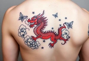 Red Chinese dragon thigh tattoo surrounded by clouds and butterflies tattoo idea