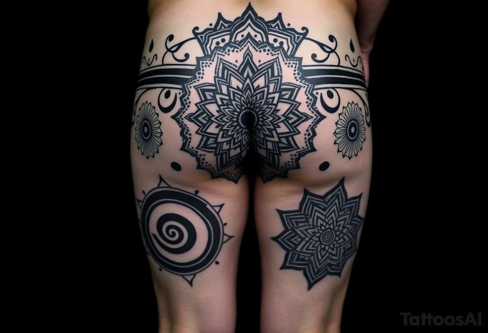 Blackwork geometric tattoo on male lower body, both thighs fully 
covered, buttocks and lower back, large central mandala on lower back 
flowing into glutes, double spiral motif on each buttock cheek, 
spiral black bands wrapping diagonally around thighs, alternating 
fill patterns per zone: dotwork floral geometry on outer thigh, 
hexagonal star patterns on inner thigh, massive black background 
areas, fine ornamental cutouts, seamless full coverage with no gaps, 
pure black ink, no grey wash, photorealistic tattoo photography, 
dark background tattoo idea