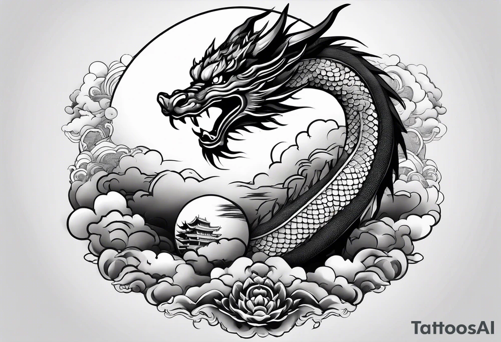 asian dragon rising to the above, holding a sphere, surrounded by cloud tattoo idea