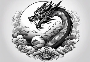 asian dragon rising to the above, holding a sphere, surrounded by cloud tattoo idea