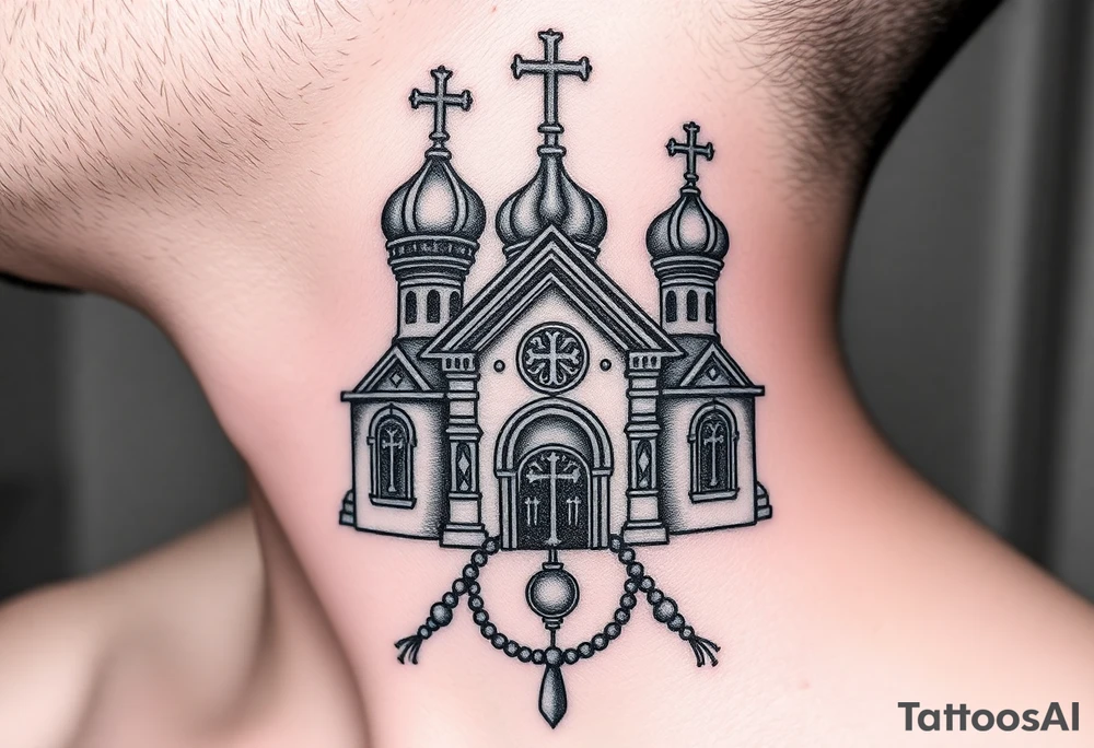 russian orthodox church with the crosses above being christian orthodox but in a AK47 style with a beaded orthodox thurible chain tattoo idea