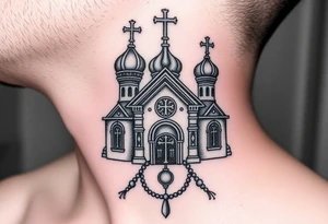russian orthodox church with the crosses above being christian orthodox but in a AK47 style with a beaded orthodox thurible chain tattoo idea