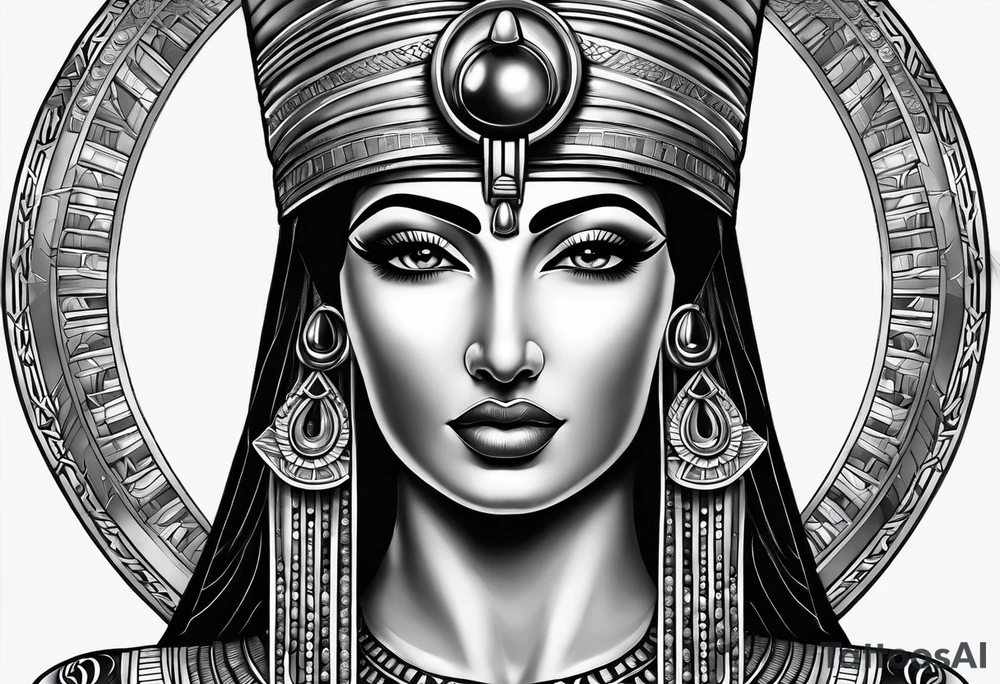 black and gray photo realistic goddess isis with minimal detail tattoo idea