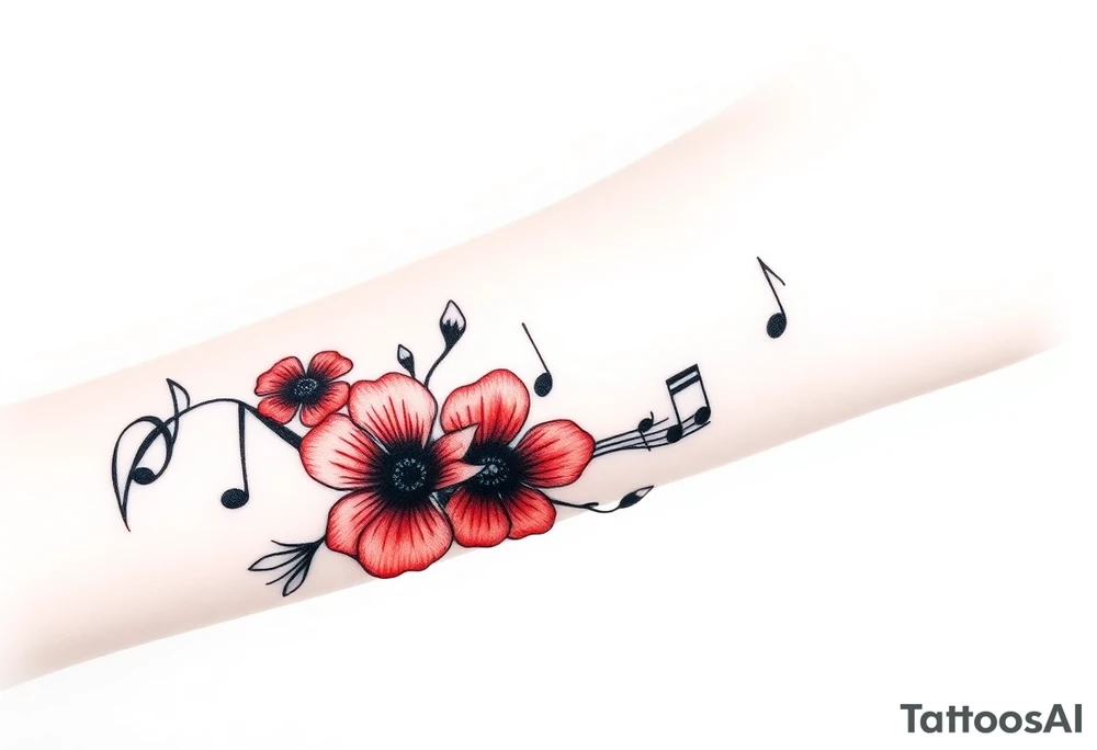 Red flowers with black music notes tattoo idea