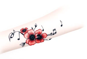 Red flowers with black music notes tattoo idea