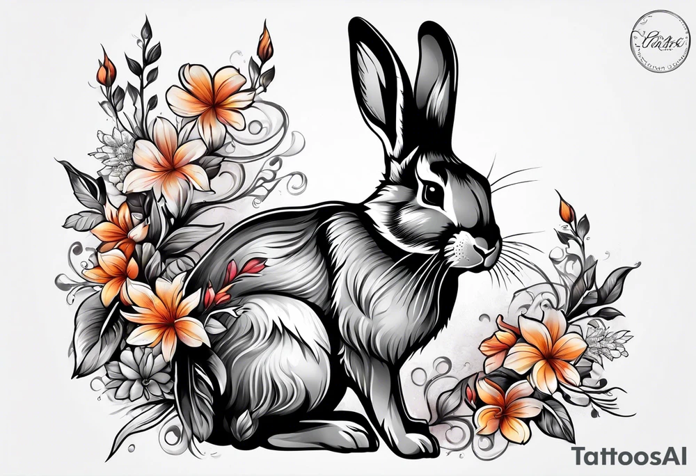 Rabbit and flowers, spine tattoo cover up long tattoo tattoo idea