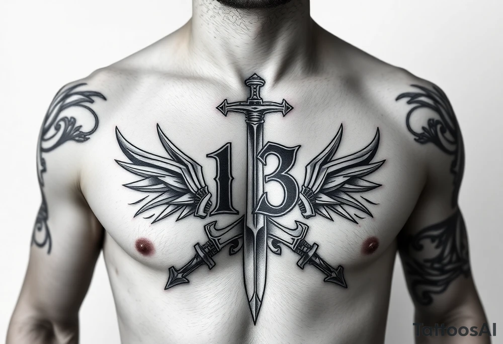 The Number 13, The Toledo Mudhens Baseball Team, And Demonic And Midevel dagger Featurs Made Into A Big Family Crest Tattoo On A Masculine guy that looks bad ass and unique. tattoo idea
