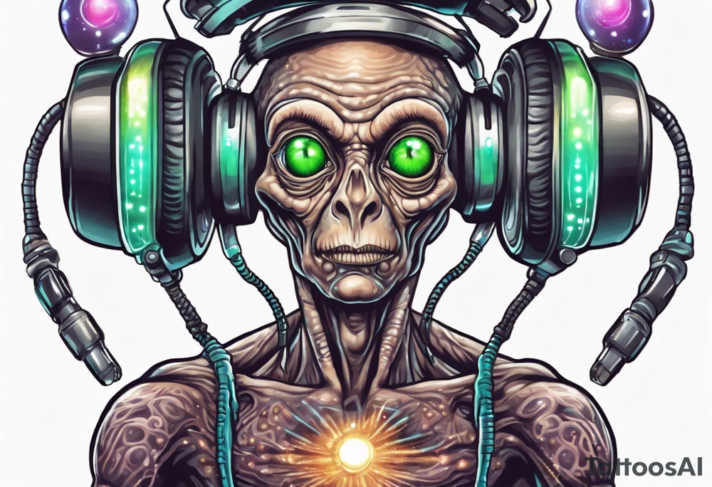 A realistic portrait of an extraterrestrial DJ with a glowing pineal gland tattoo idea