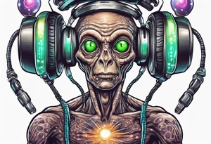 A realistic portrait of an extraterrestrial DJ with a glowing pineal gland tattoo idea