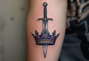 A dagger and scepter crossing over a shared crown, shaded in steel gray and regal purple. tattoo idea