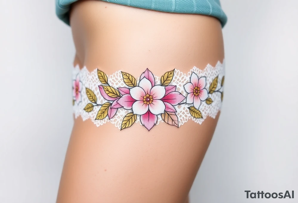 A soft peony lace garter tattoo with pastel pink petals with golden leaves tattoo idea