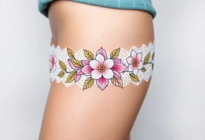 A soft peony lace garter tattoo with pastel pink petals with golden leaves tattoo idea