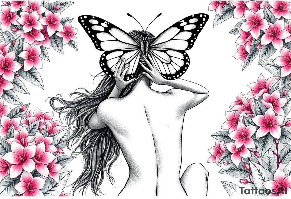 Women whos hands are to her ears with her long hair flowing in the wind and dow. Her back while the is kneeling naked on her knees in a beautiful garden surrounded by pink plumeria surrounding her the women has both  her hands covering both her ears and above her a big beautiful butterfly that's right above her head so the butterflys wings covers only cobers her eyes not her nose or mouth or and does cover her hands to her ears the butterfly lower part of its wings is  like a blind fold and her lips and sown shut tattoo idea